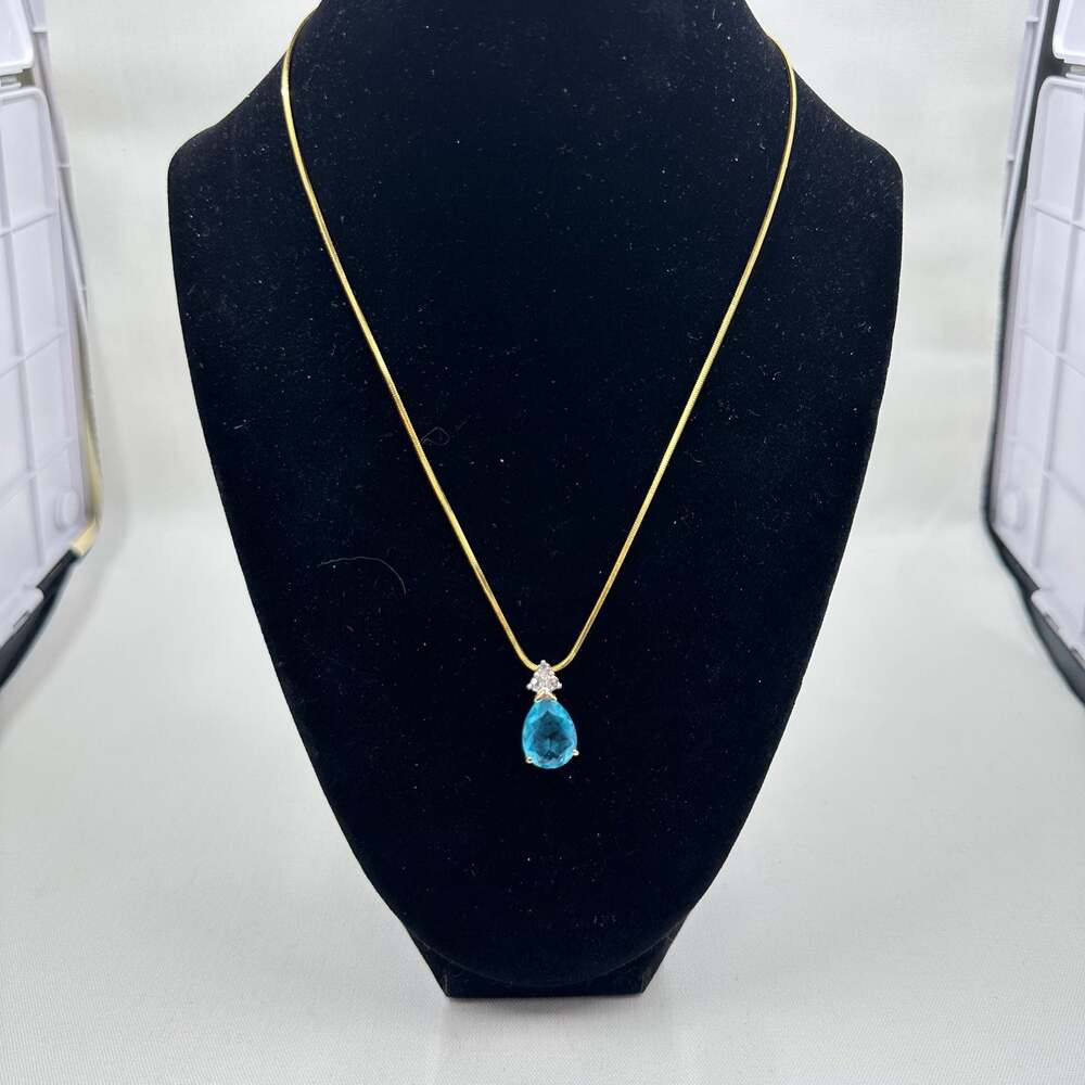 Vintage Lind Espo 14KGE Gold Tone Blue Teardrop Pendant Necklace